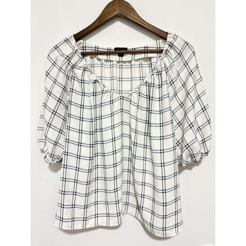 Ann Taylor Blouse Small Ivory Black Plaid Peasant 3/4 Puff Sleeve Top